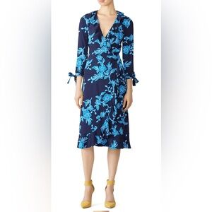 Draper James Blue Geranium Navy Floral Long Sleeve Dress Bows Wrap 12 lined